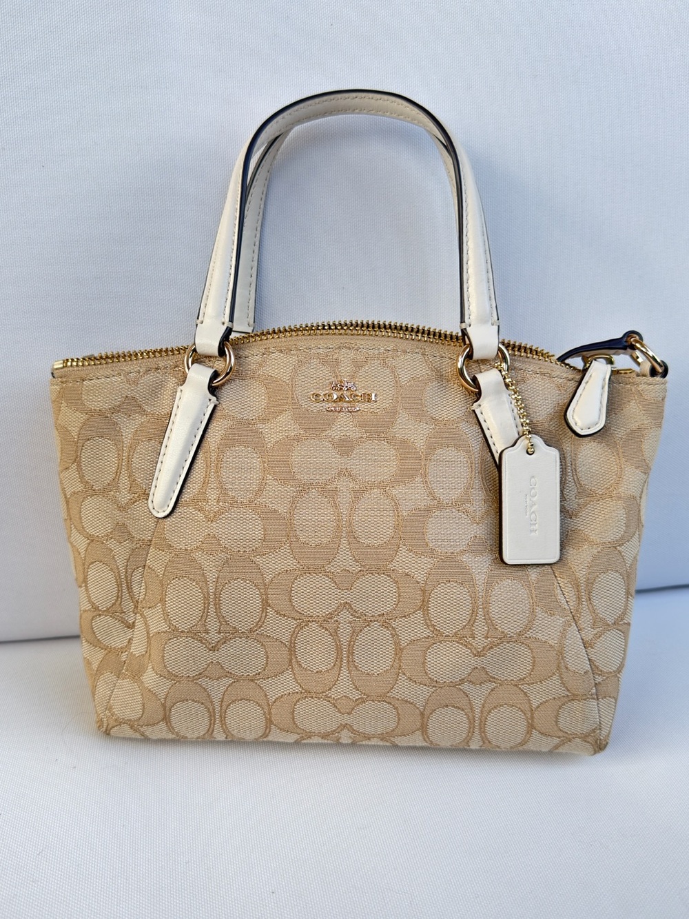 Coach Signature Canvas Mini Kelsey Satchel Beige White Leather Crossbody bag